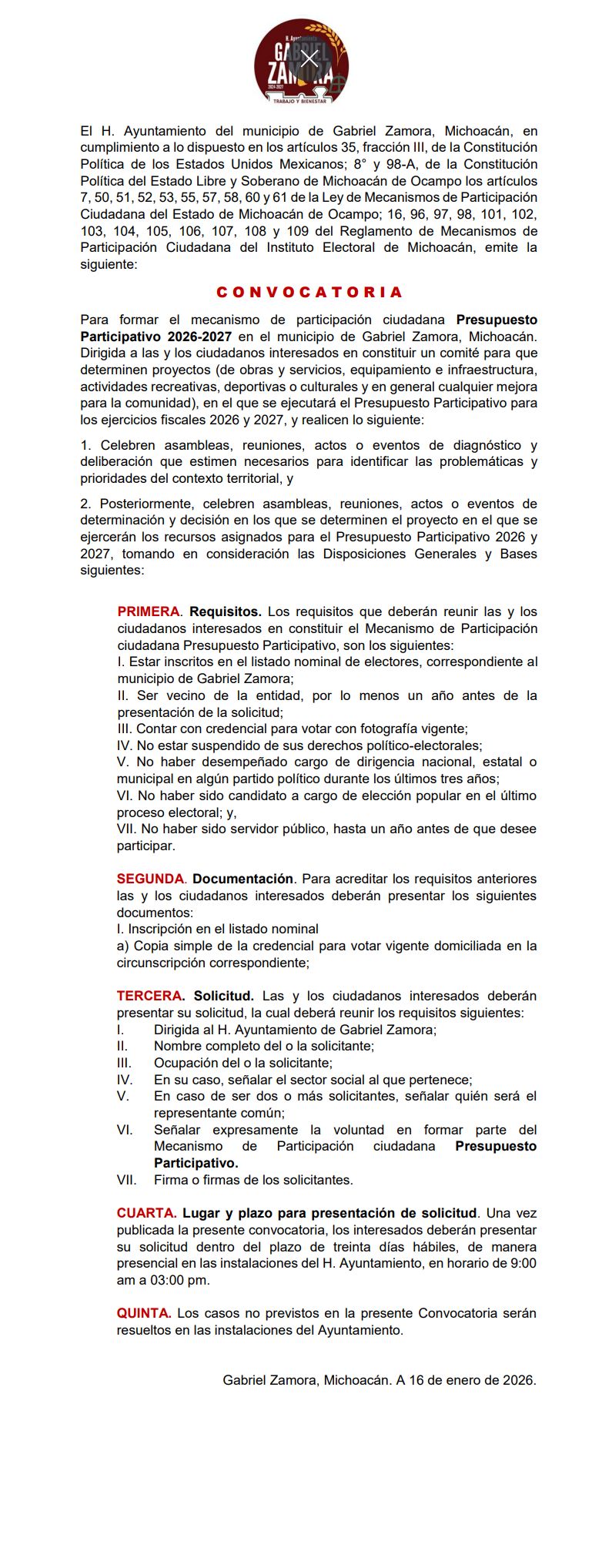 CONVOCATORIA PRESUPUESTO PARTICIPATIVO
